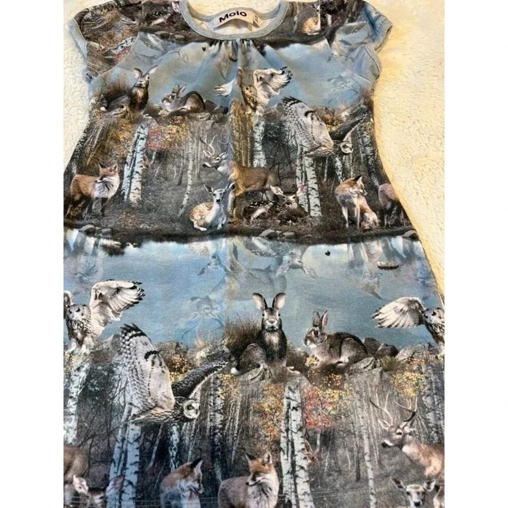 Molo Caras Brand Girls 2T-3T Grey Blue Forest Lake Print Short Sleeve Dress